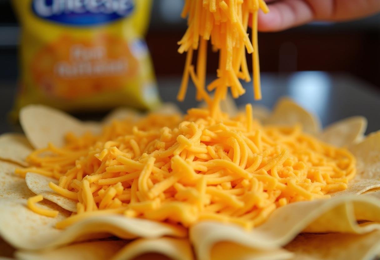 Shredded cheese being sprinkled on tortilla chips for Basement Nachos recipe.