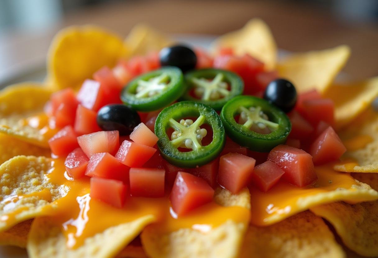 Toppings being added to nachos including tomatoes, jalapenos, and olives for That '70s Show Basement Nachos.