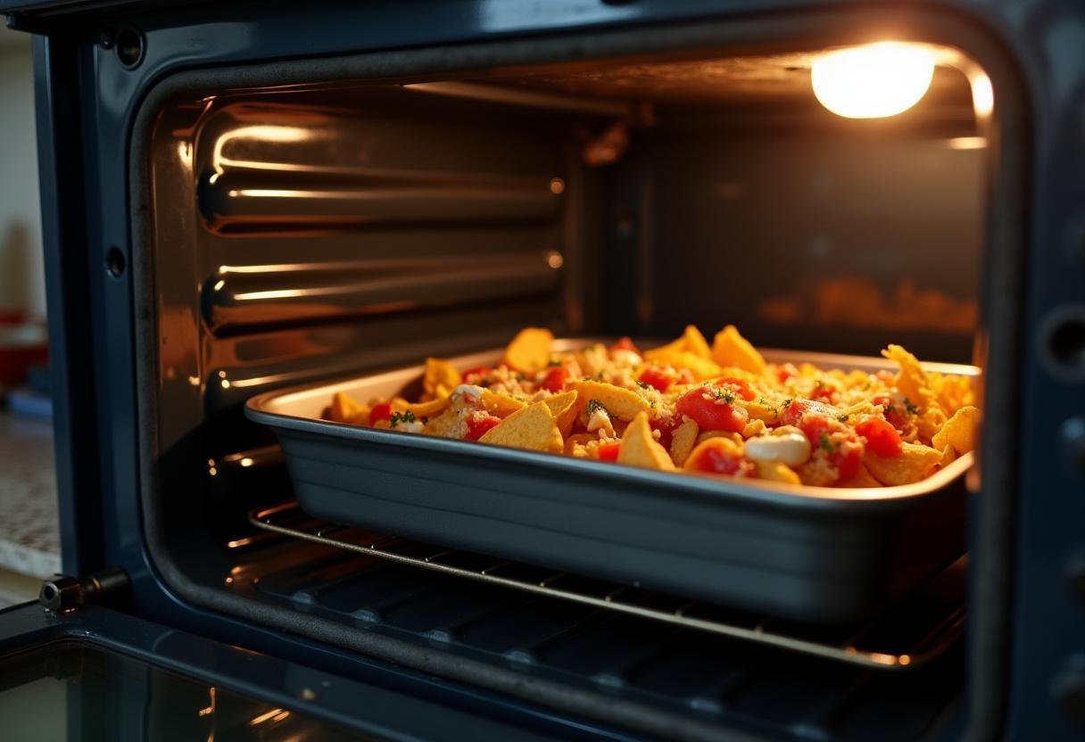 Oven with nachos baking inside for That '70s Show Basement Nachos recipe.