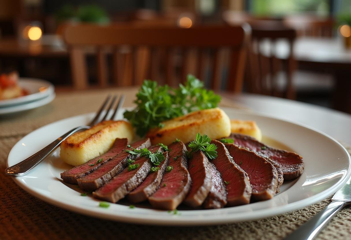 Sliced grilled steak garnished with herbs, an essential part of That '70s Show Red's Grilled Steak recipe.