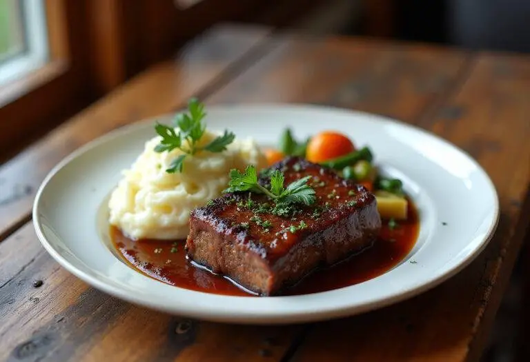 Final presentation of Bear Braised Short Ribs, garnished and served with mashed potatoes and vegetables for a delicious meal.