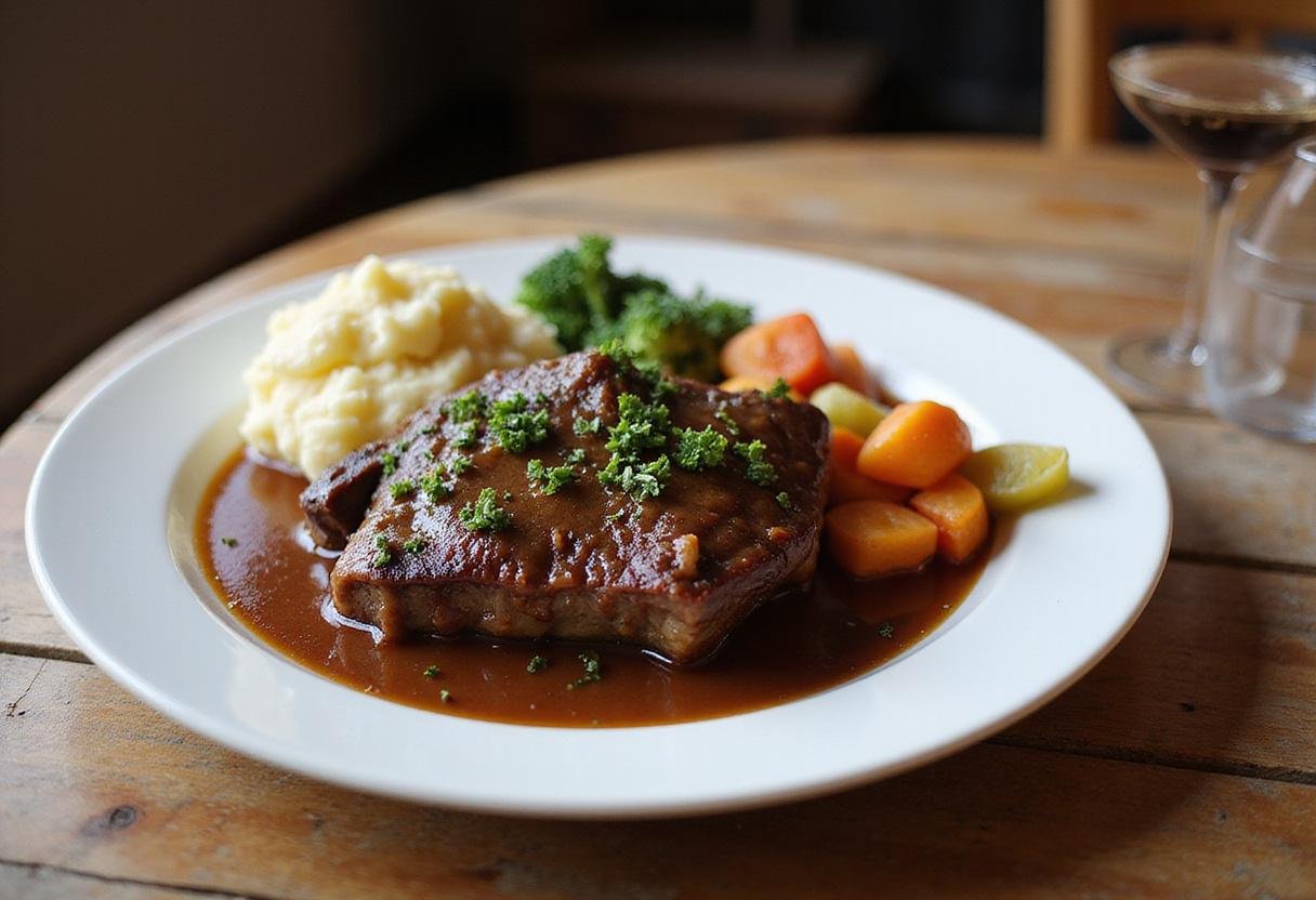 Final presentation of Bear Braised Short Ribs, garnished and served with mashed potatoes and vegetables for a delicious meal.