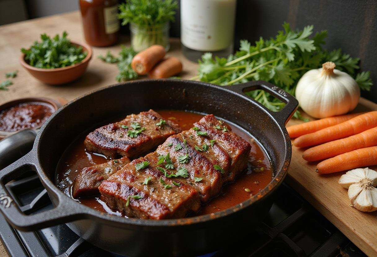 Searing beef short ribs in a cast-iron pot, preparing for Bear Braised Short Ribs with fresh vegetables and herbs.