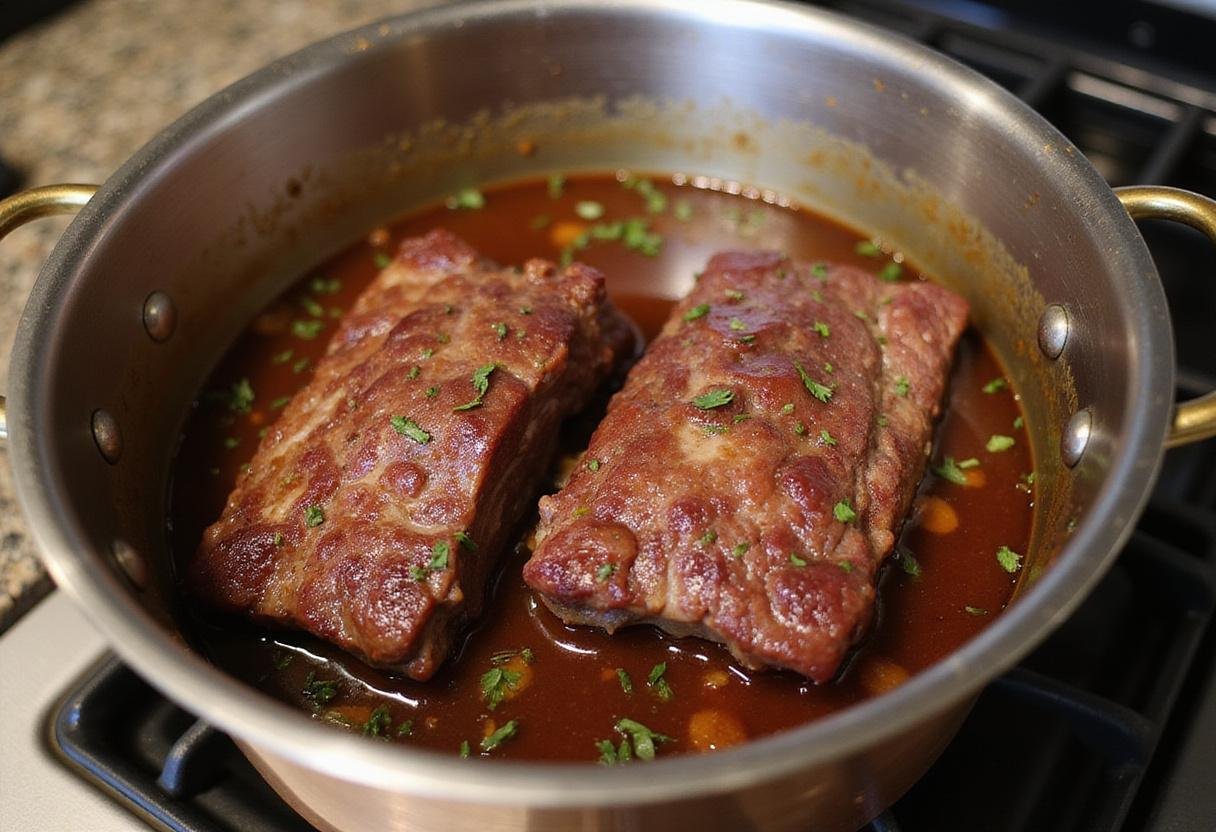 Adding short ribs to a flavorful braising liquid for Bear Braised Short Ribs, highlighting the cooking process with vegetables and aromatics.