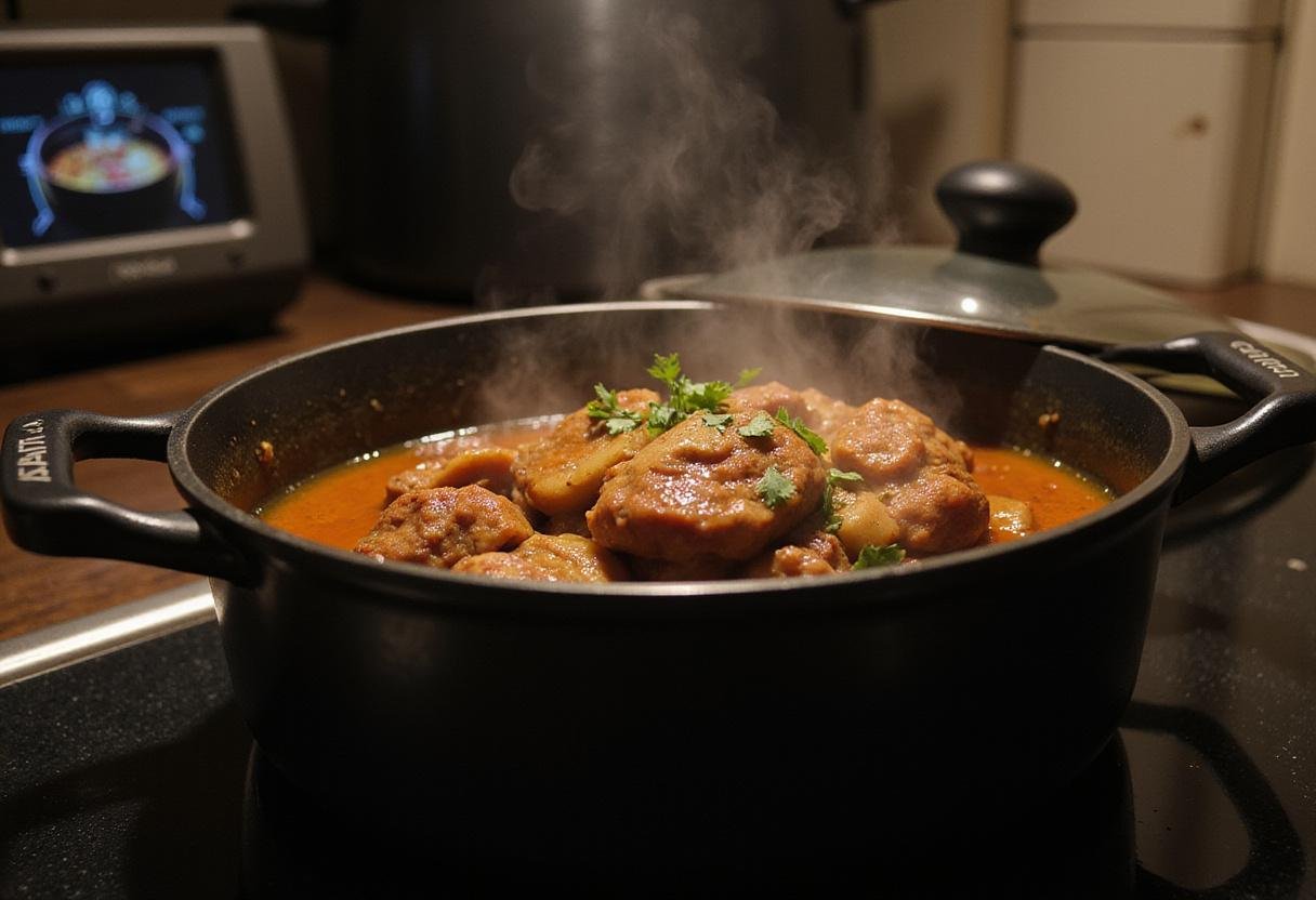 Simmering pot of Bear Braised Short Ribs, showcasing the slow cooking process with herbs and spices creating a rich aroma.