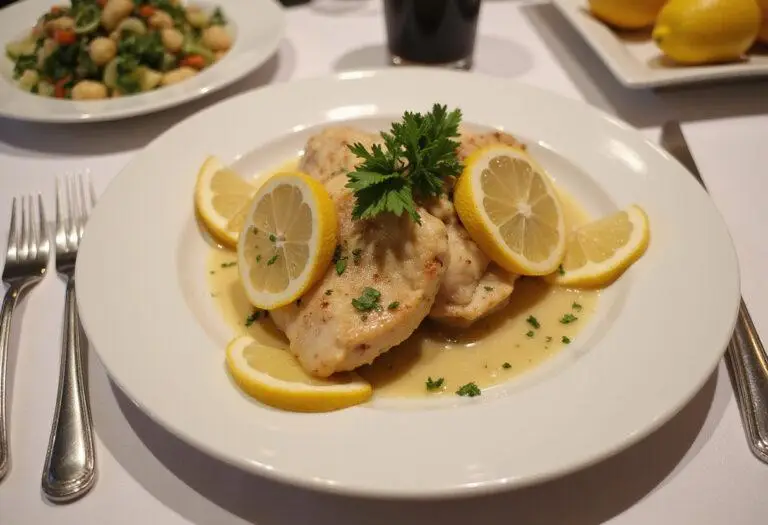 Beautifully plated Chicken Piccata, showcasing the dish with garnishes, perfect for a dining experience.