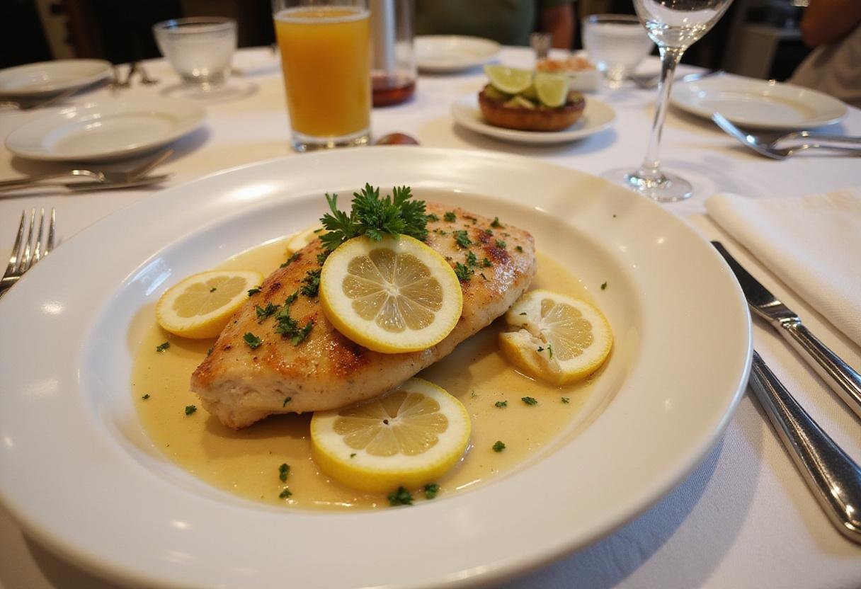 Beautifully plated Chicken Piccata, showcasing the dish with garnishes, perfect for a dining experience.