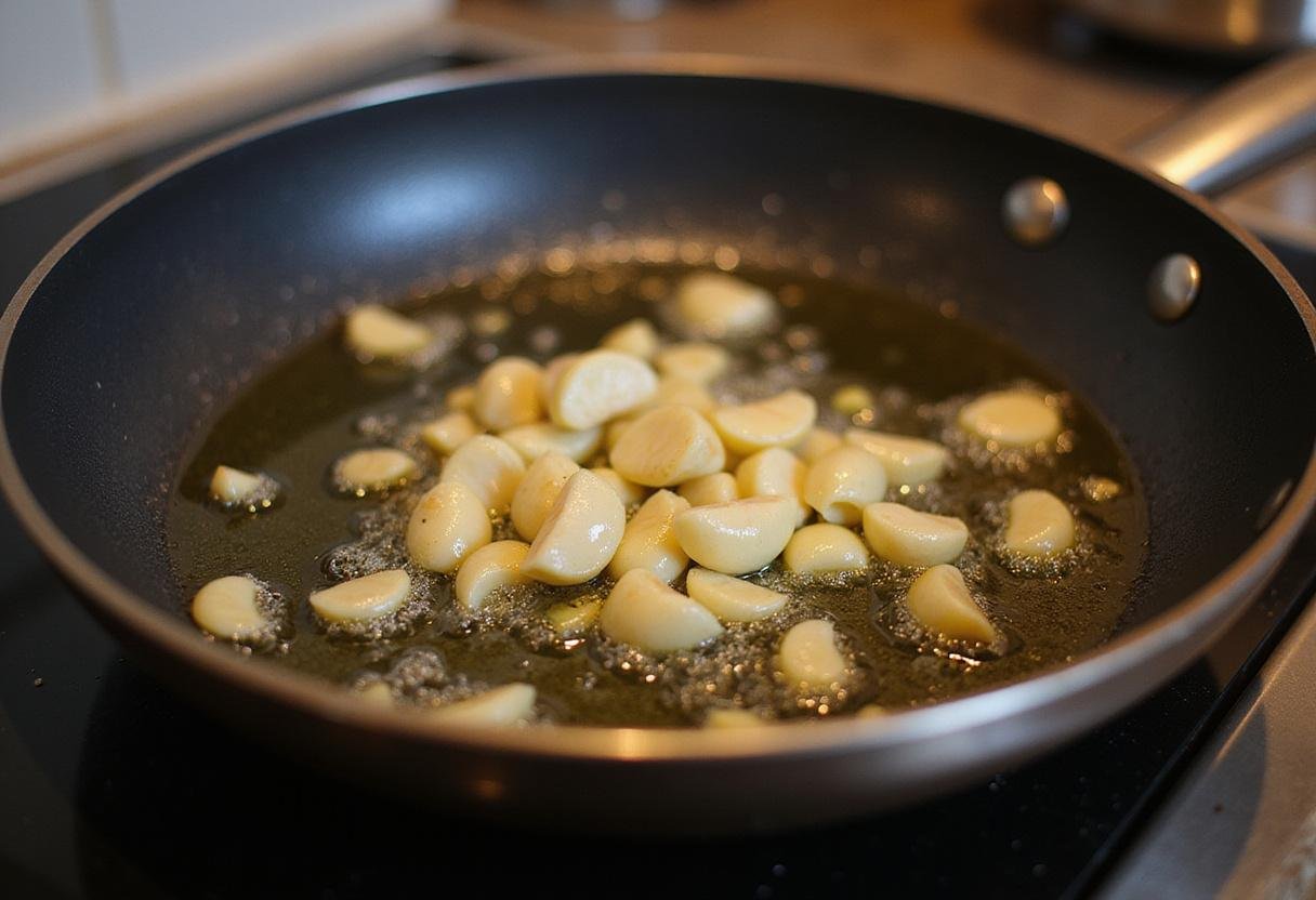 Sautéing garlic in olive oil for Chicken Piccata, highlighting the cooking process and rich flavors developing.