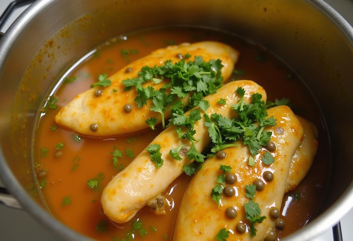 Creating a flavorful caper sauce for Chicken Piccata, showcasing aromatic ingredients in a well-prepared kitchen.