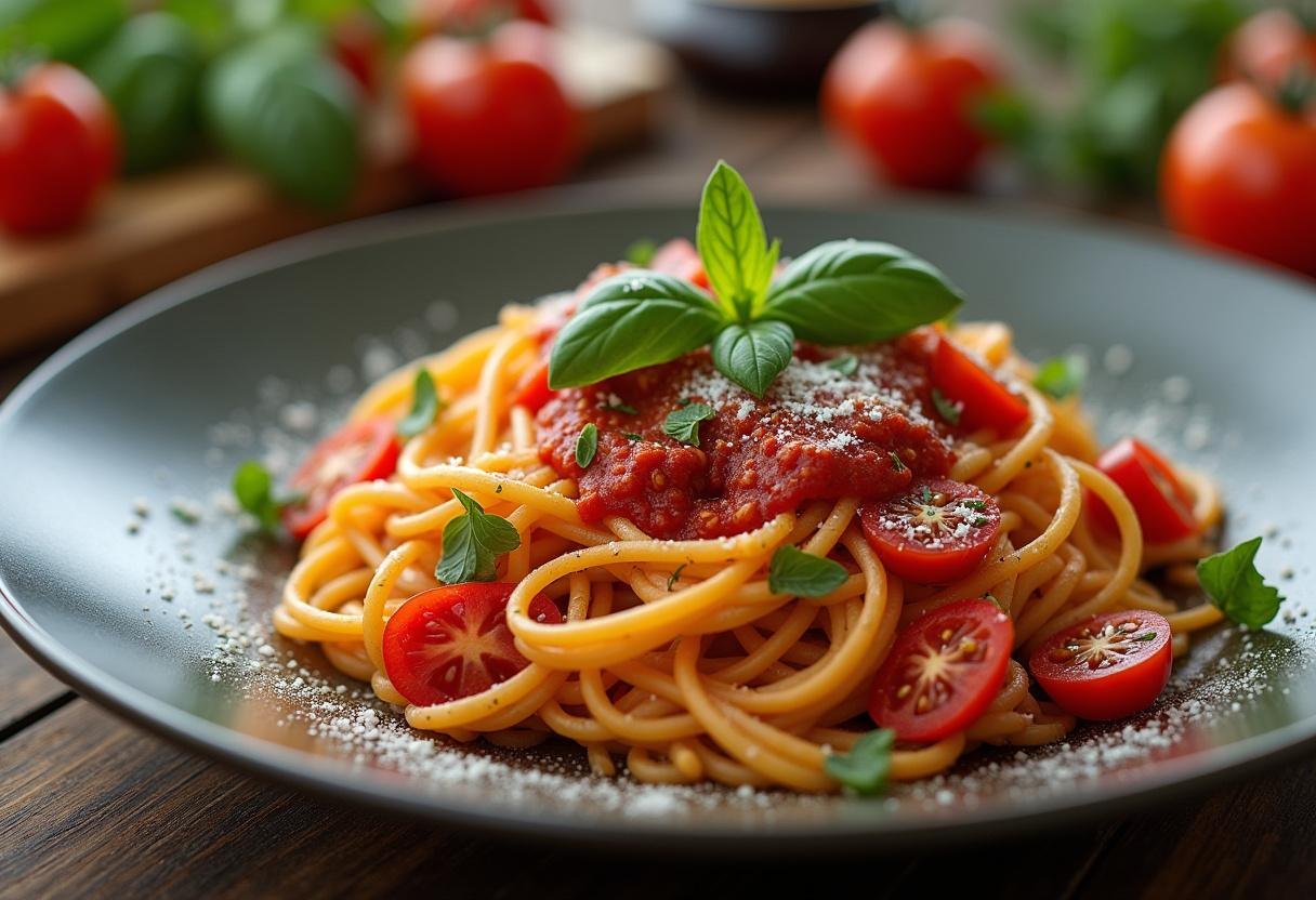 Delicious Bear Spaghetti Pomodoro served on a plate, highlighting the rich red sauce and fresh ingredients, perfect for an Italian meal.