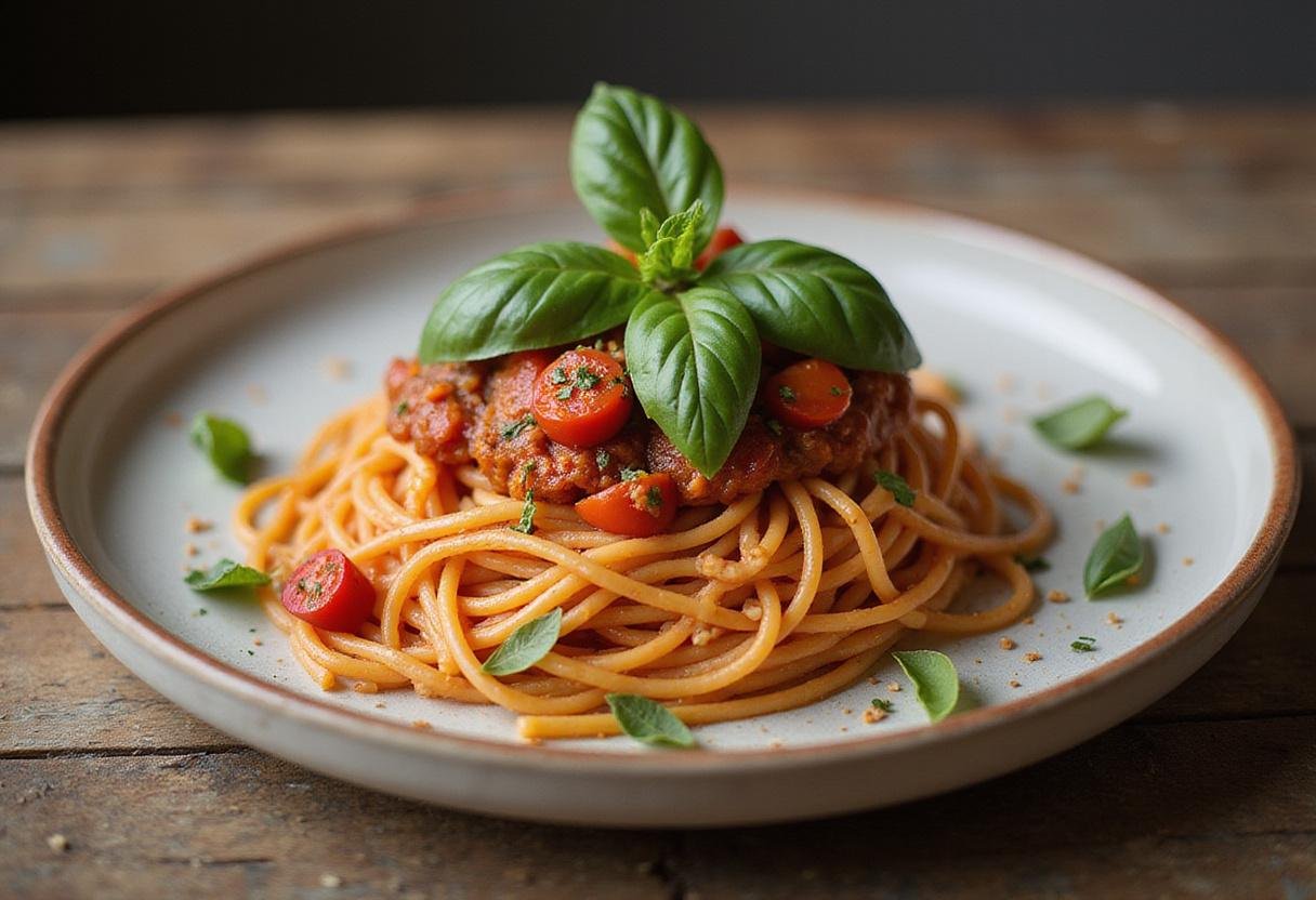 Delicious Bear Spaghetti Pomodoro served on a plate, highlighting the rich red sauce and fresh ingredients, perfect for an Italian meal.