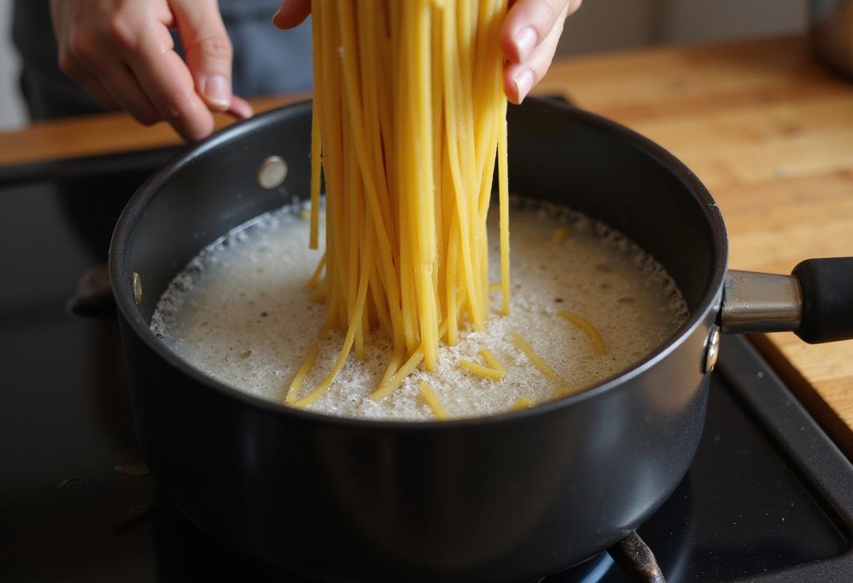 Cooking spaghetti for Bear Spaghetti Pomodoro recipe, boiling water with fresh pasta in a cozy kitchen atmosphere.