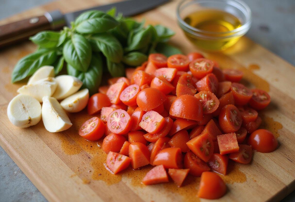 Preparing ingredients for Bear Spaghetti Pomodoro, fresh tomatoes, garlic, and basil ready for a vibrant tomato sauce.