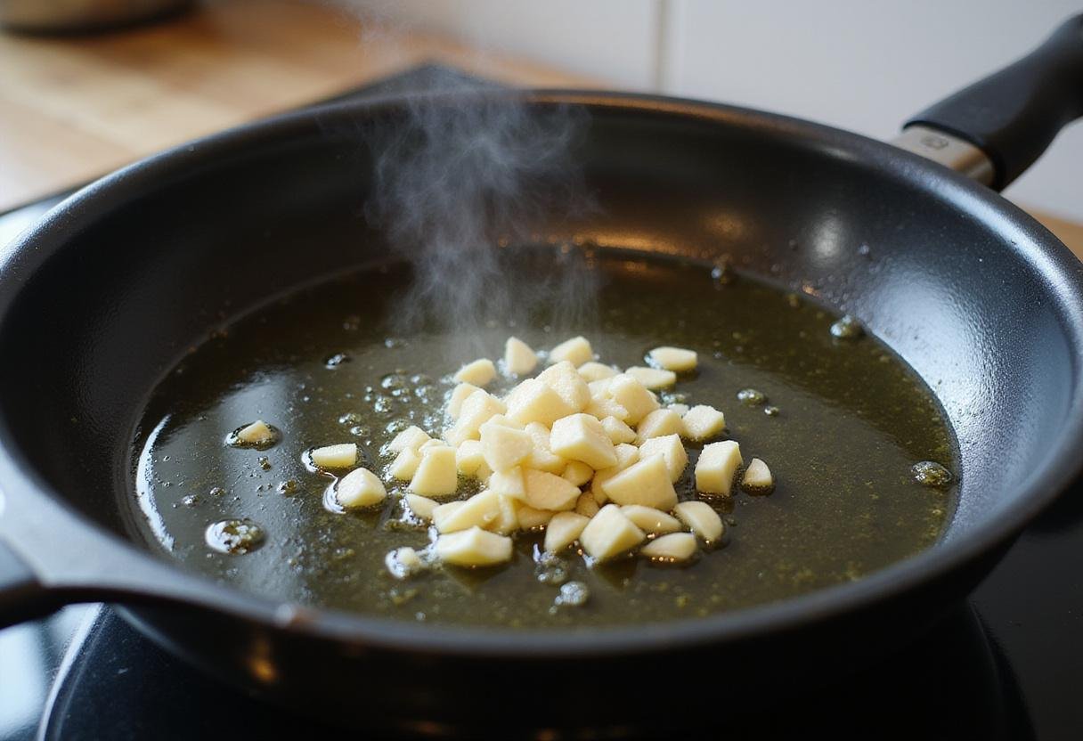 Sautéing garlic in olive oil for Bear Spaghetti Pomodoro, showcasing the technique for a rich and flavorful sauce.