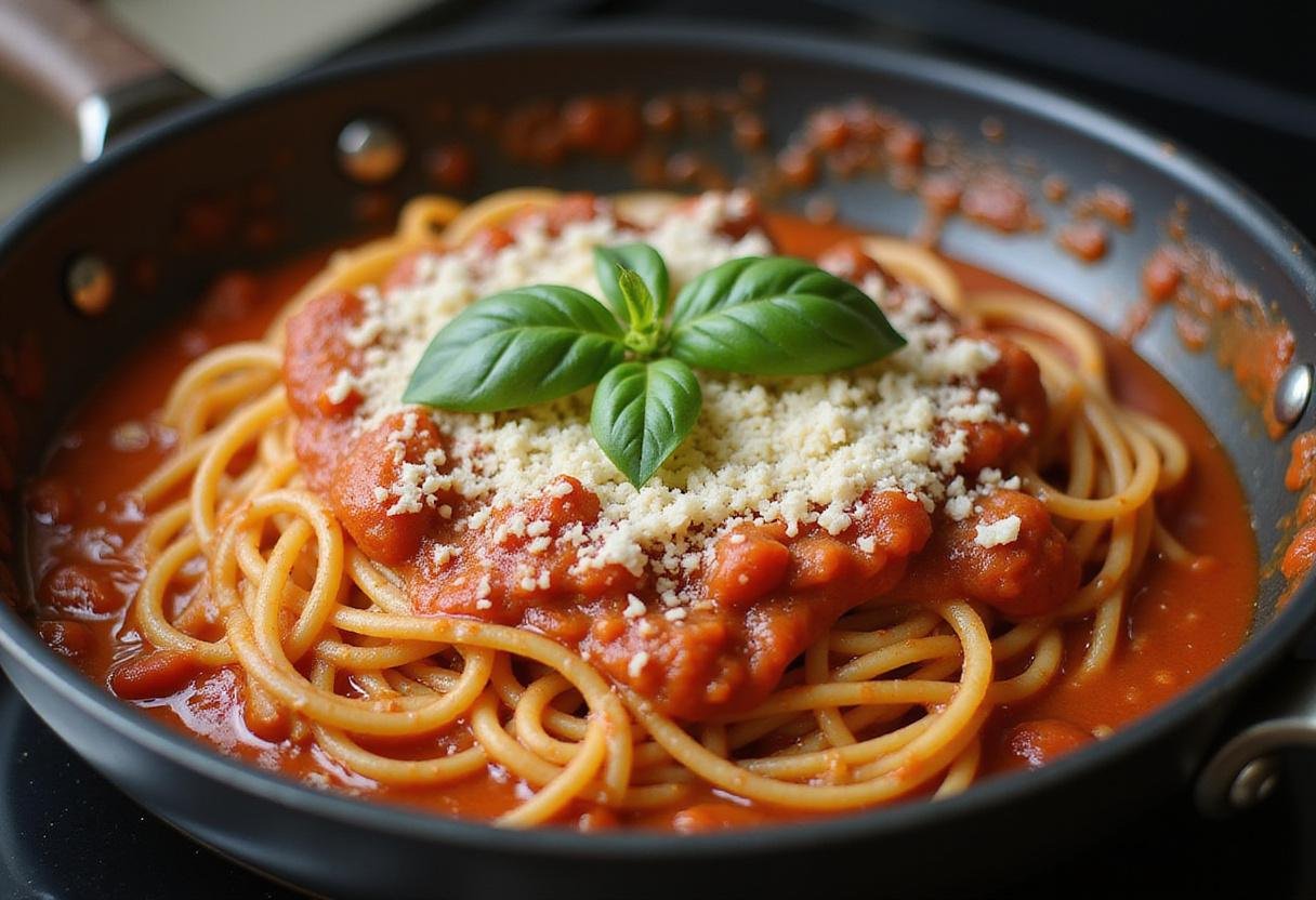 Combining spaghetti with pomodoro sauce for Bear Spaghetti Pomodoro, ready to serve with fresh herbs and cheese for a delicious meal.