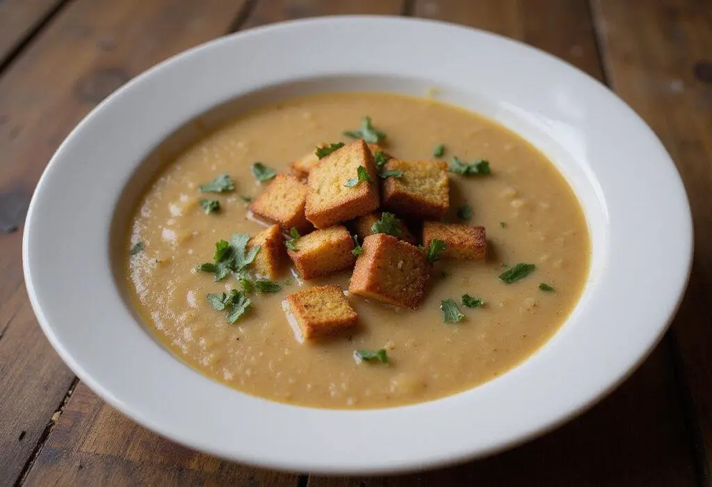 Final presentation of The Big Bang Theory Onion Soup in a bowl with croutons and herbs, a delightful and warming dish.