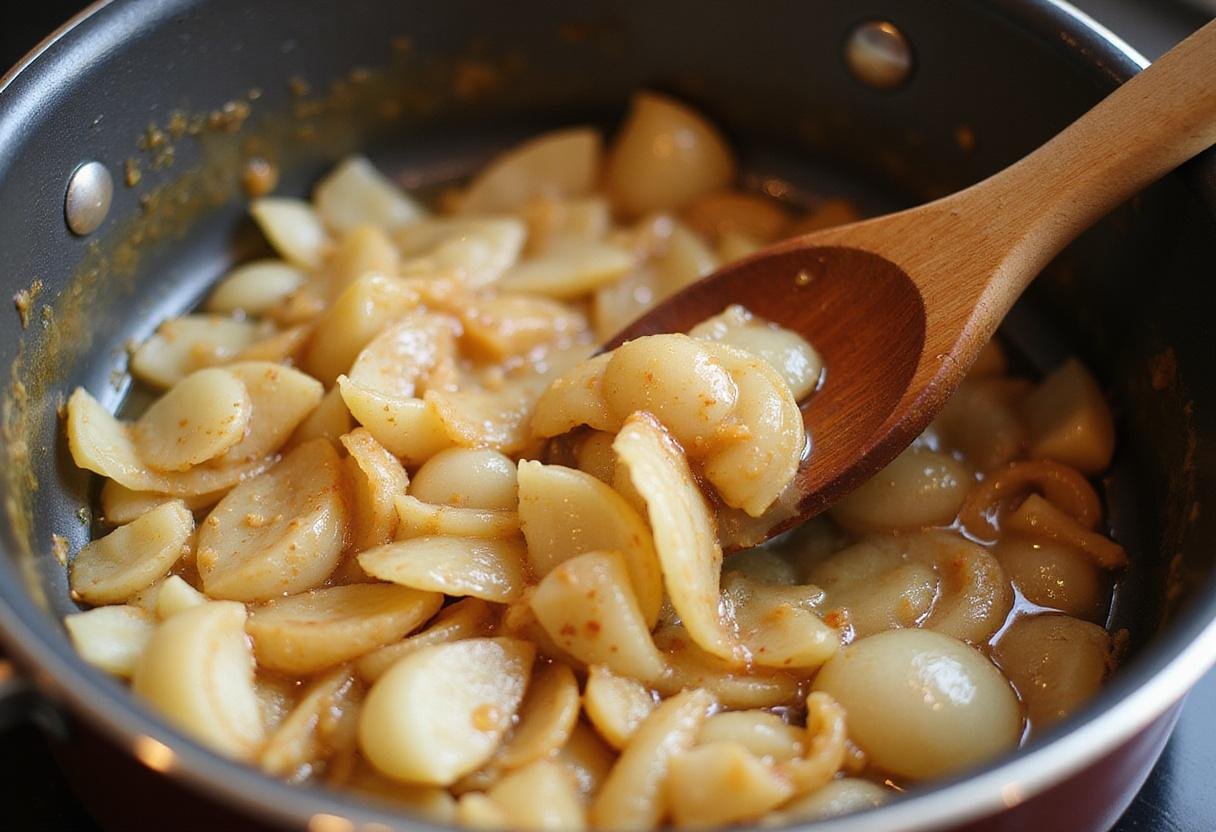 Caramelizing onions for The Big Bang Theory Onion Soup, achieving a rich color and depth of flavor.
