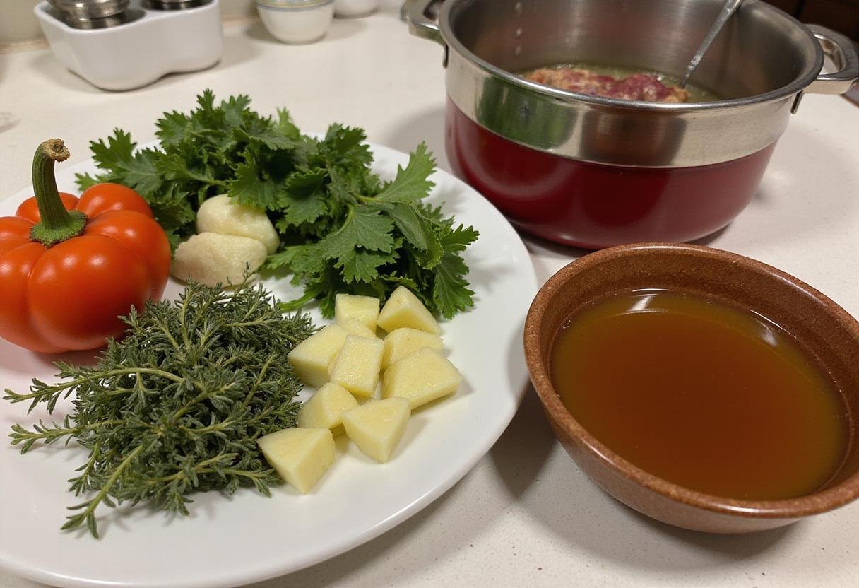 Preparing ingredients for The Big Bang Theory Onion Soup: Fresh herbs and beef broth ready to enhance the soup's flavor.