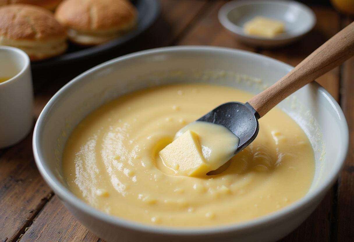 Preparing to cook pancakes by folding melted butter into the batter, a delicious Saturday breakfast from The Big Bang Theory.