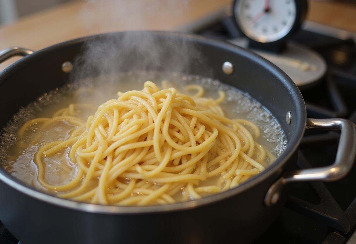 Preparing to make Sheldon’s spaghetti with boiling water and uncooked pasta in a cozy kitchen.