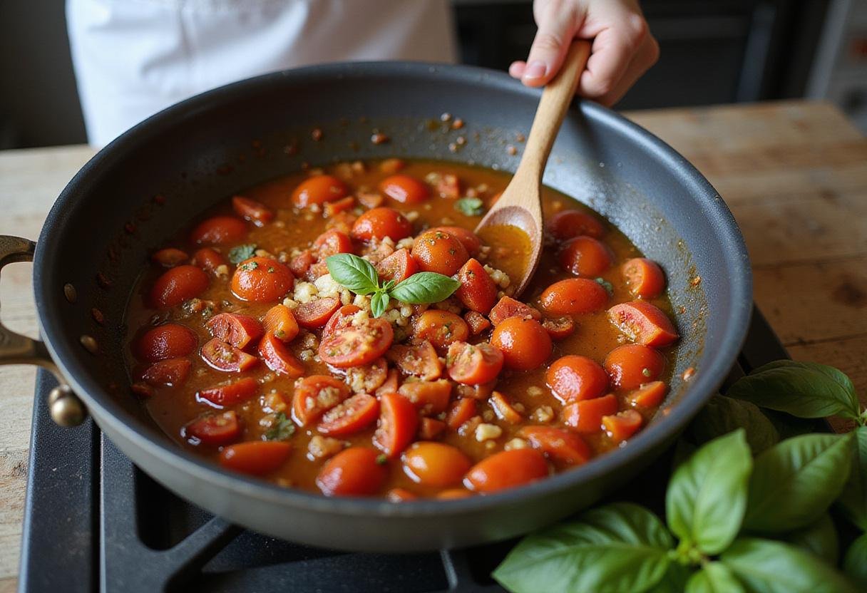 Cooking tomato sauce for Sheldon’s spaghetti with aromatic garlic and basil in a lively kitchen setting.