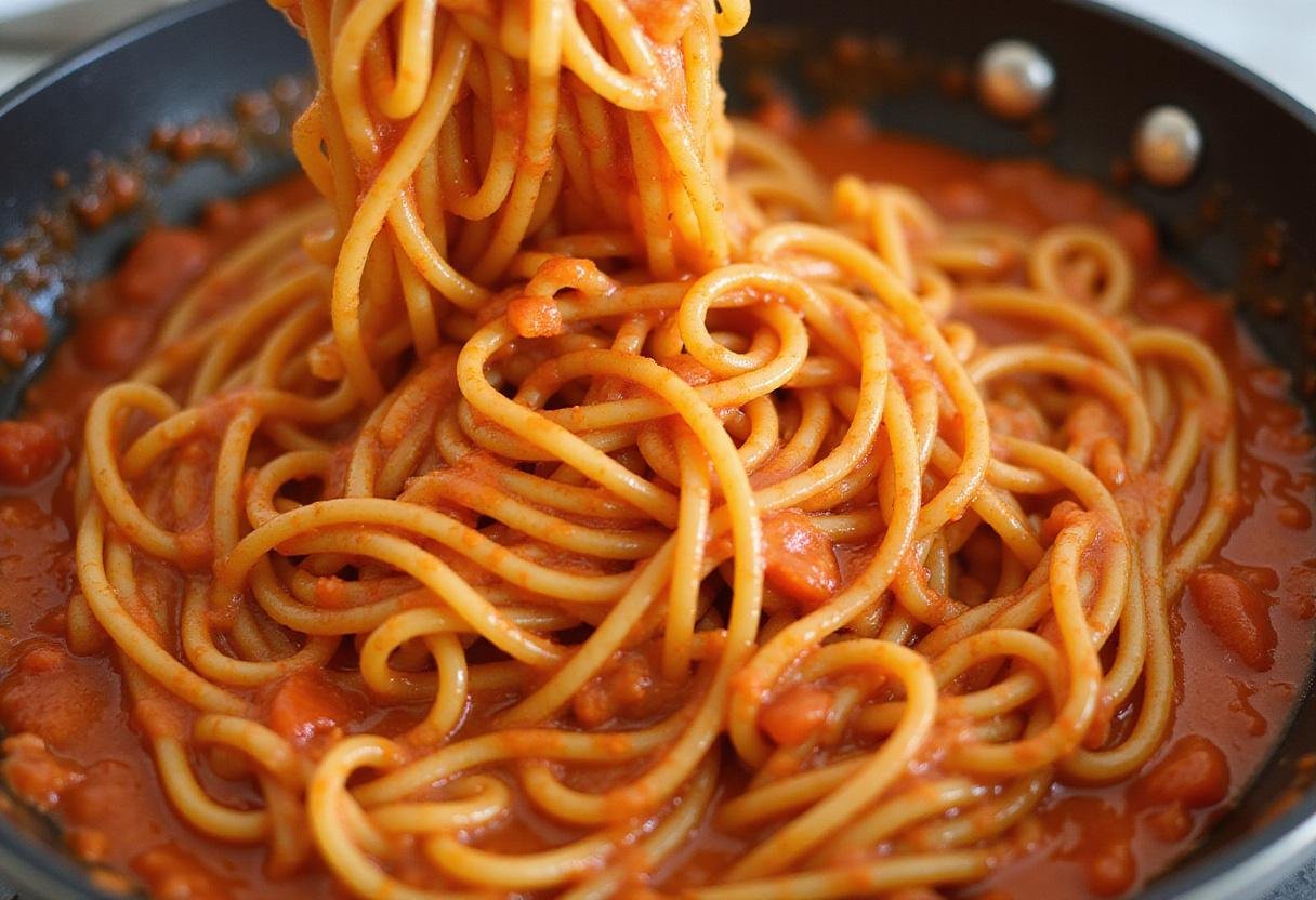Mixing Sheldon’s spaghetti with homemade tomato sauce in a beautifully set kitchen, showcasing a delicious pasta dish.
