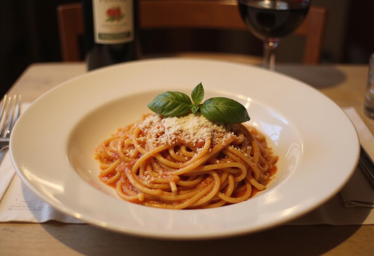 Serving the final dish of Sheldon’s spaghetti with cheese and basil in an elegant dining atmosphere.