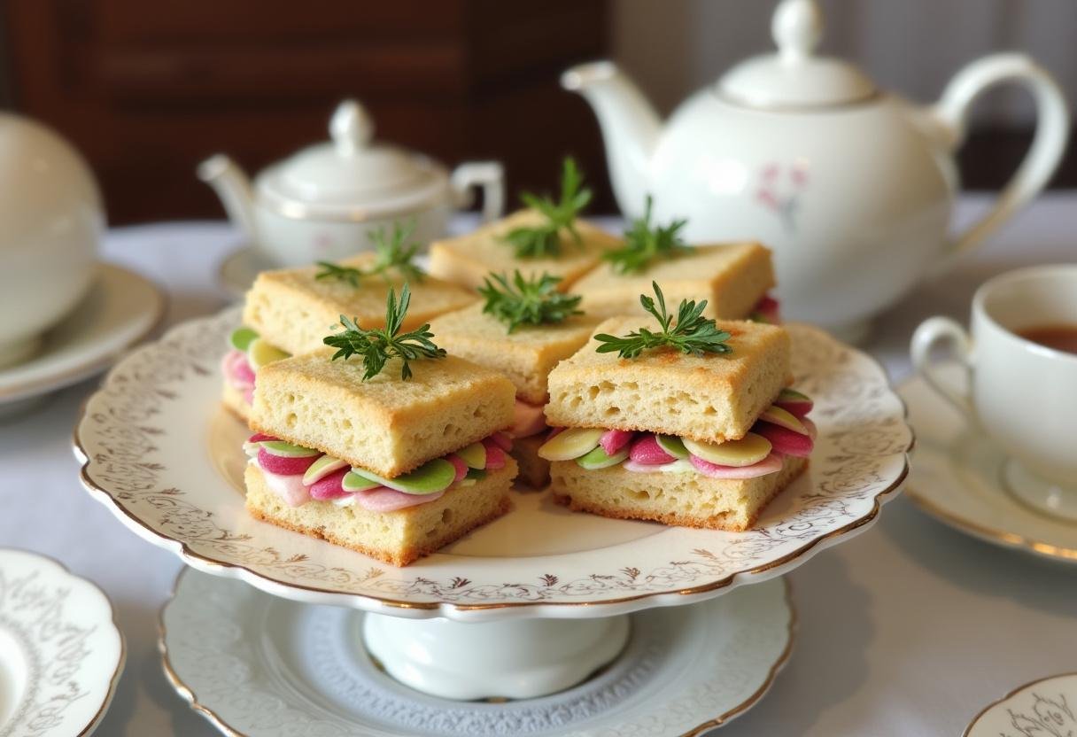 Platter of Crown Afternoon Tea Sandwiches artfully displayed on a cake stand, perfect for a sophisticated tea party.