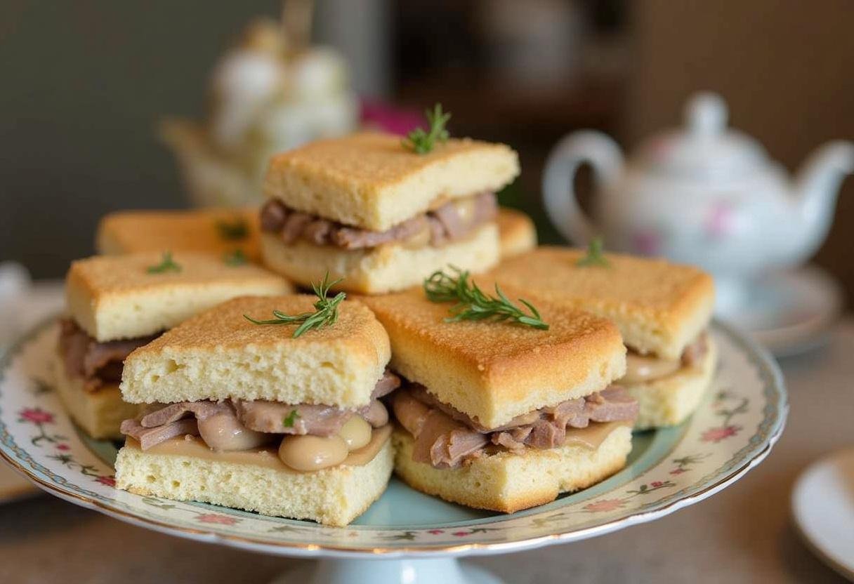 Platter of Crown Afternoon Tea Sandwiches artfully displayed on a cake stand, perfect for a sophisticated tea party.
