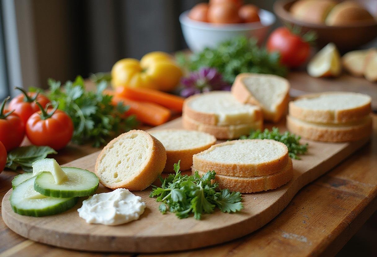 Fresh ingredients for Crown Afternoon Tea Sandwiches, featuring cucumber, cream cheese, and soft bread, displayed on a wooden board.
