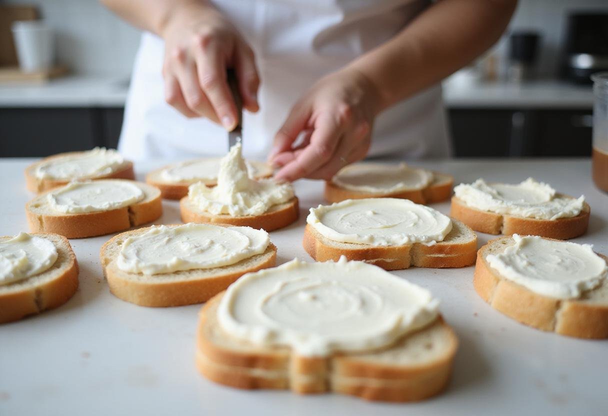 Chef spreading cream cheese on soft bread slices for Crown Afternoon Tea Sandwiches in a bright kitchen setting.