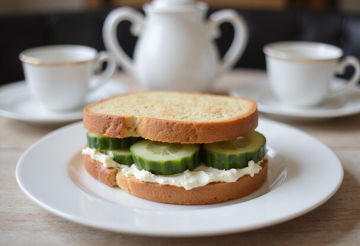 Assembled Crown Afternoon Tea Sandwich with cucumber and cream cheese on a plate, set in a cozy tea setting.
