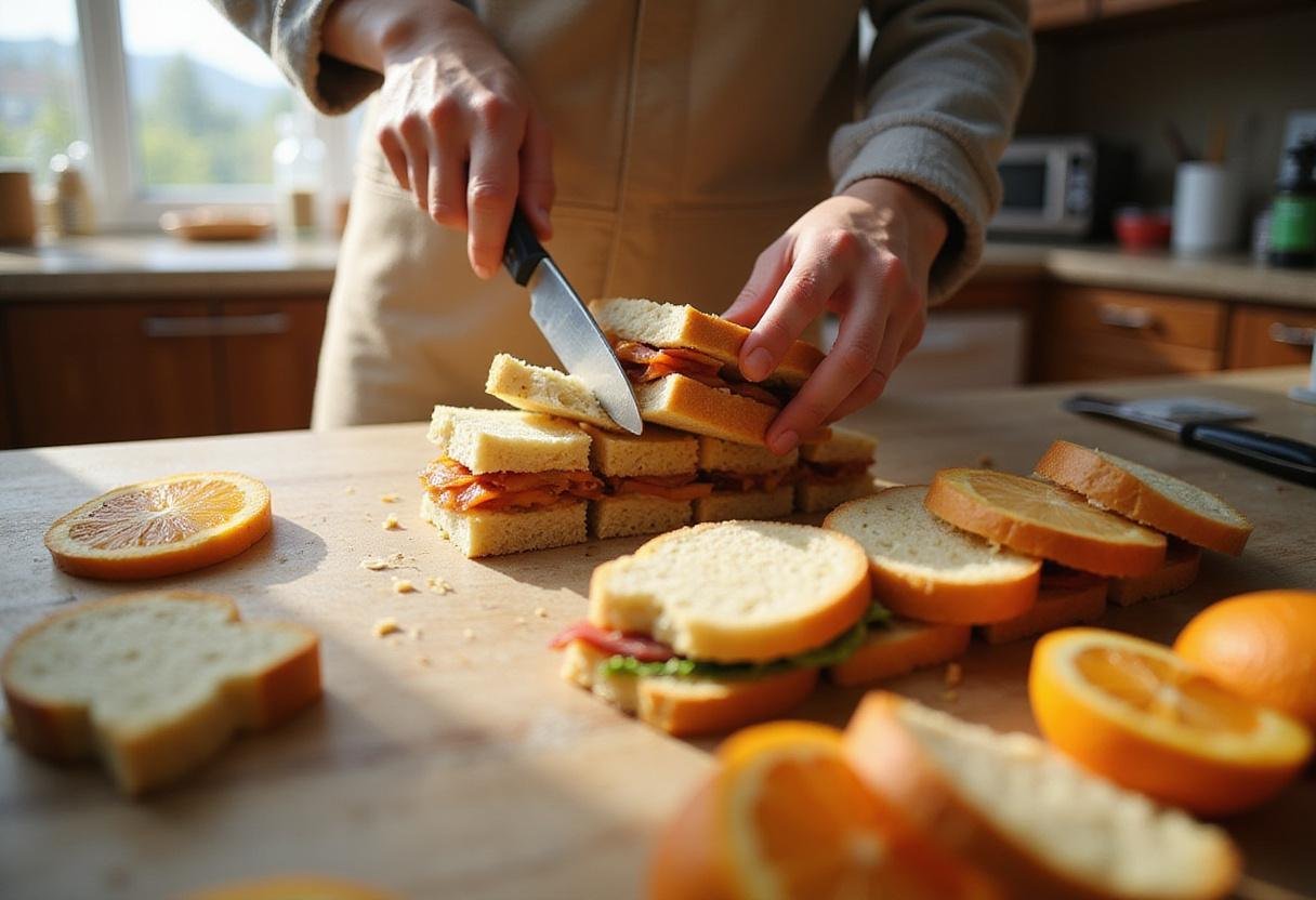 Cutting sandwiches into finger-sized pieces for Crown Afternoon Tea, highlighting the colorful fillings in a warm kitchen.