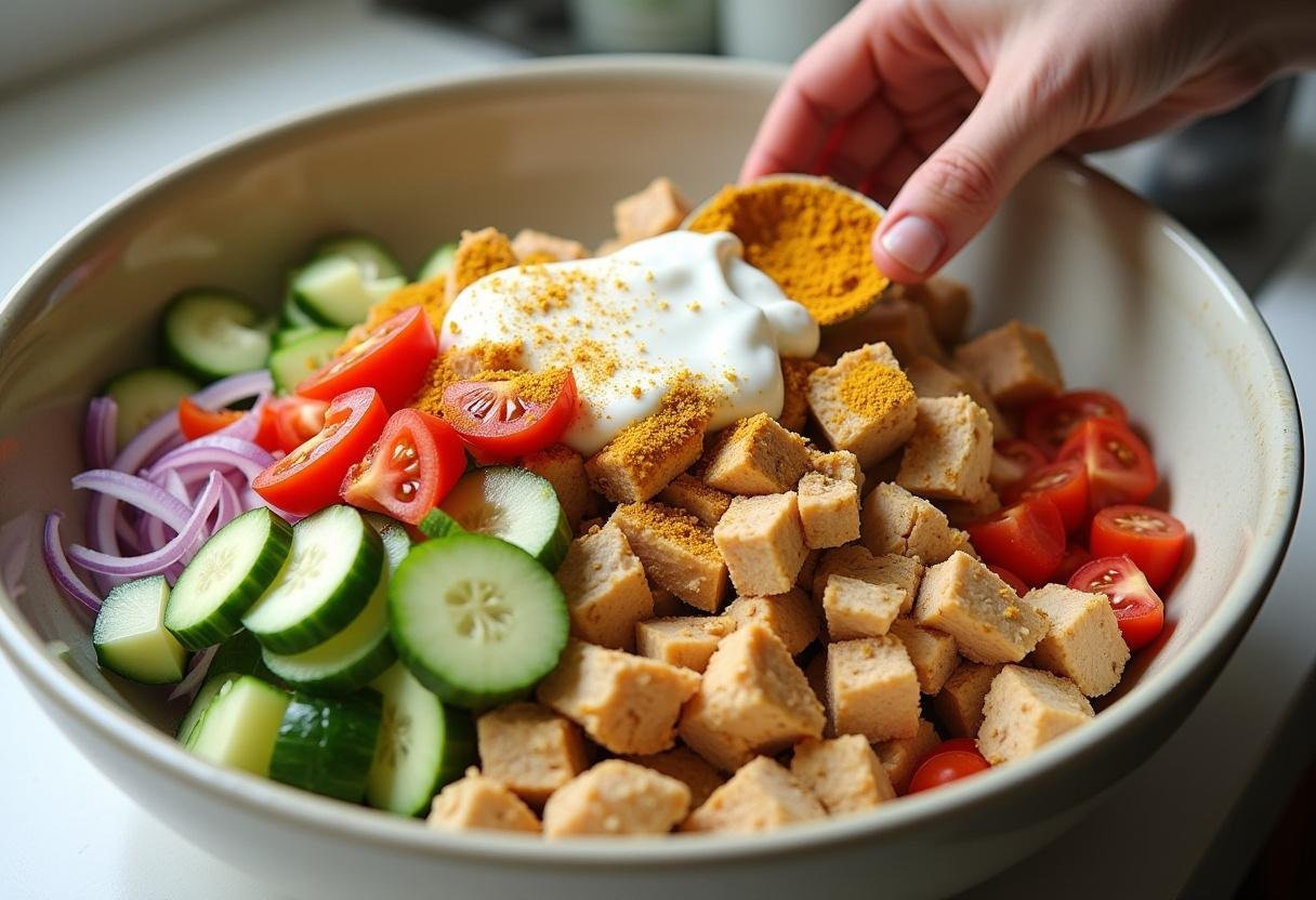 Preparing the flavorful base for Crown Coronation Chicken Salad with chicken and fresh vegetables.