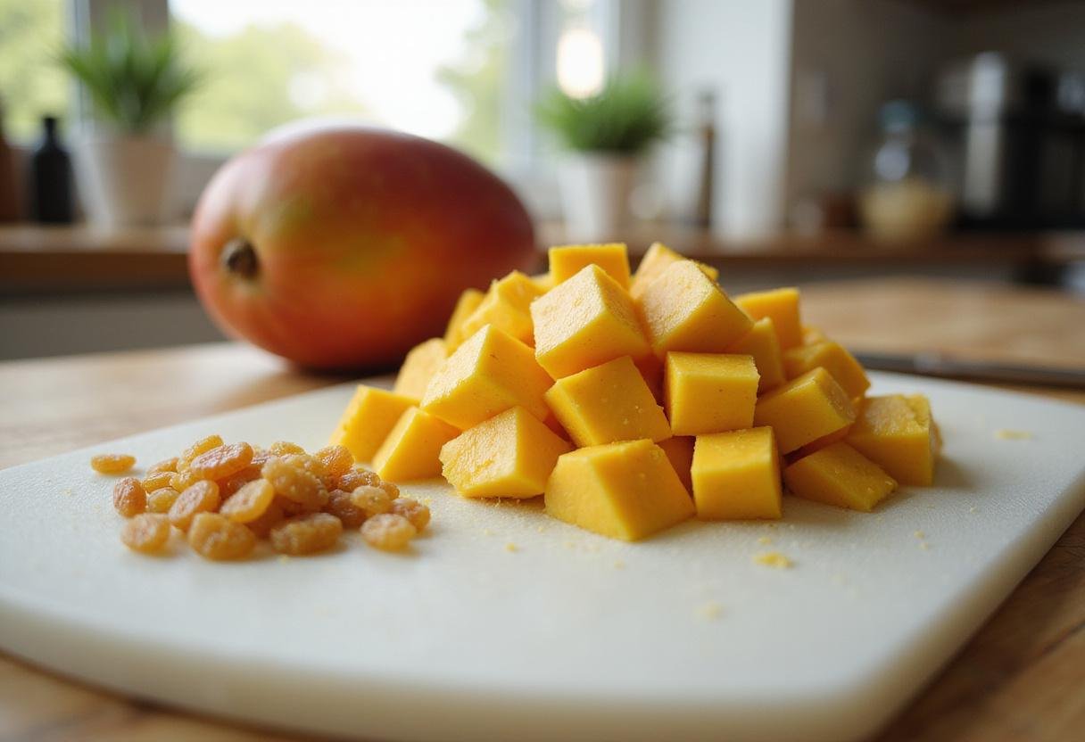 Chopping juicy mangoes and sweet raisins to add a tropical flair to the Coronation Chicken Salad recipe.