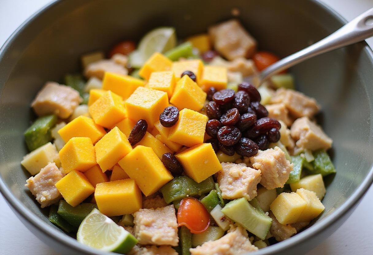 Combining fresh mango and raisins into the Crown Coronation Chicken Salad for a colorful presentation.