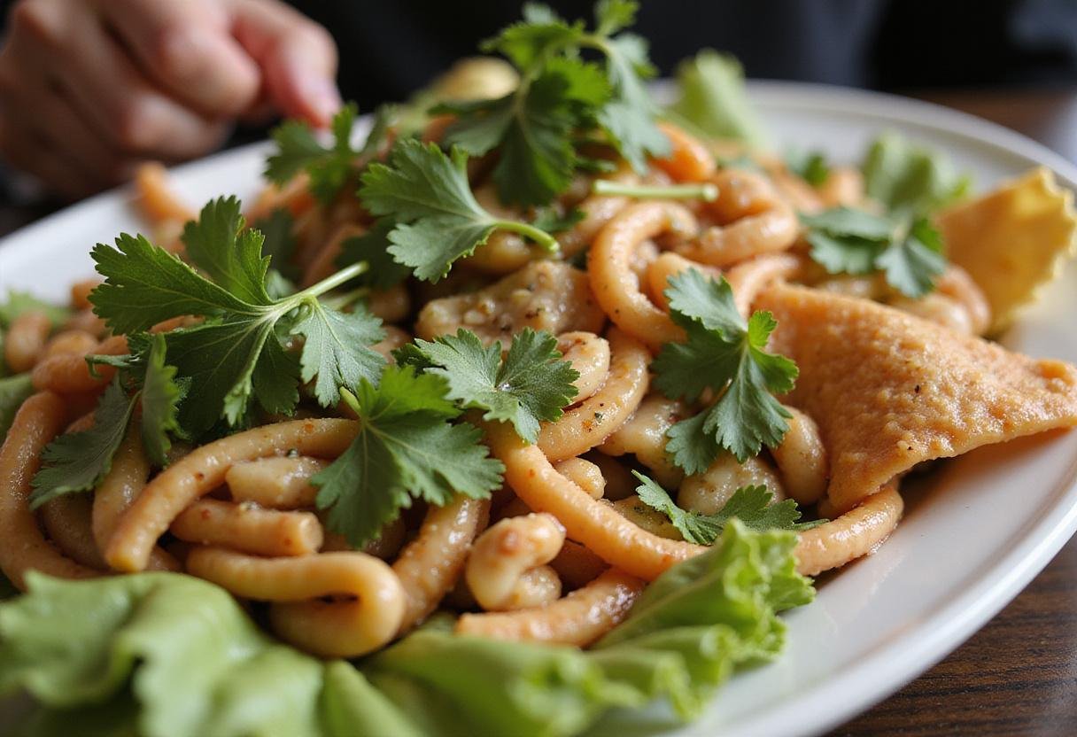 Beautifully garnishing the Crown Coronation Chicken Salad with cilantro, perfect for a festive occasion.