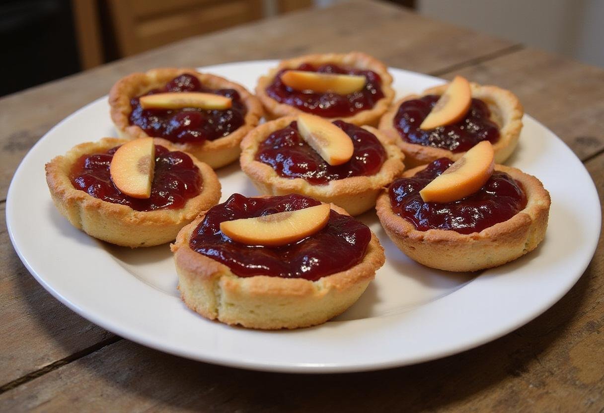 Delicious baked Crown Jam Tarts served on a rustic table, showcasing their vibrant jam filling and artistic presentation.
