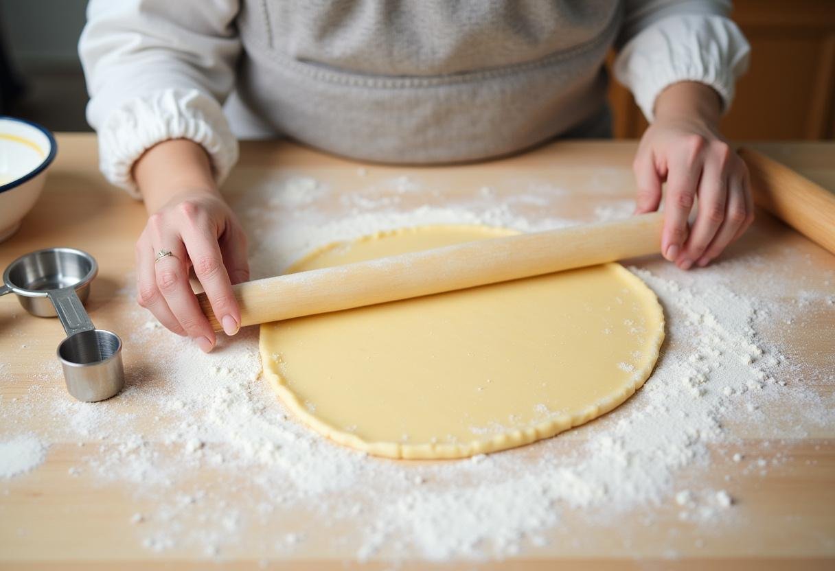 Preparing pastry dough for Crown Jam Tarts on a clean countertop with flour and a rolling pin.