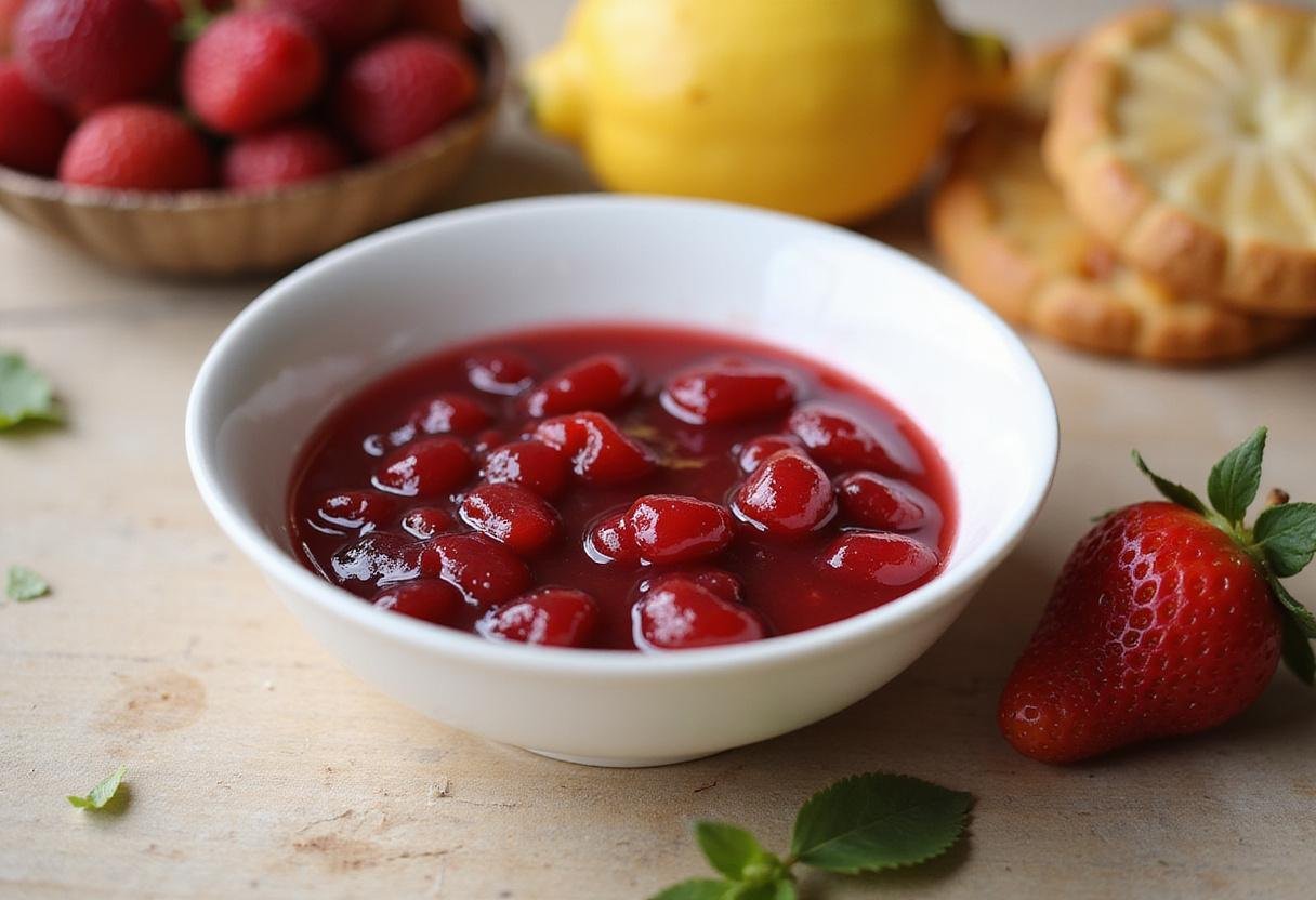 Delicious fruit jam prepared for filling Crown Jam Tarts, surrounded by fresh fruits on a bright kitchen counter.