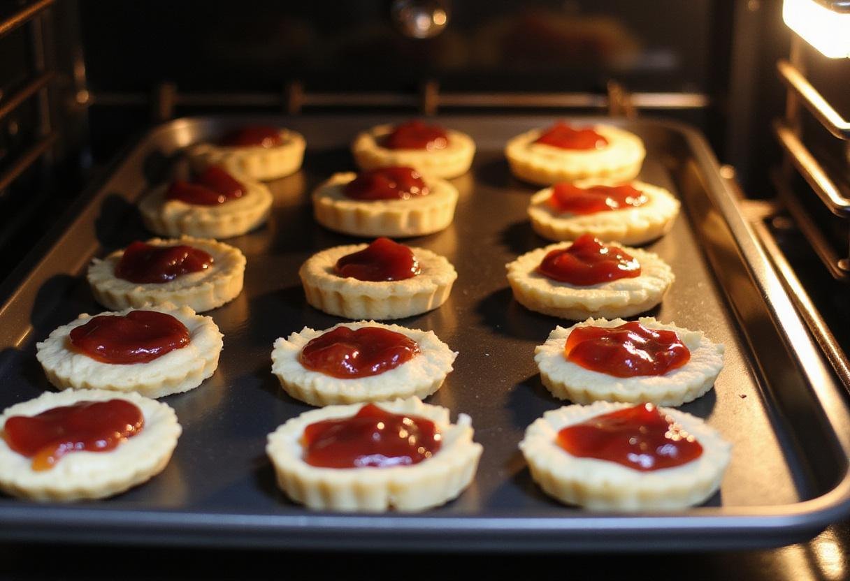 Filling uncooked Crown Jam Tarts with fruit jam on a baking tray, ready to be placed in the oven.