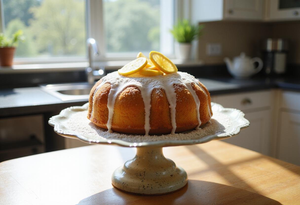 The Crown Lemon Drizzle Cake: a stunning final presentation of a moist, zesty cake, perfect for any occasion, highlighting its lemony goodness and glaze.
