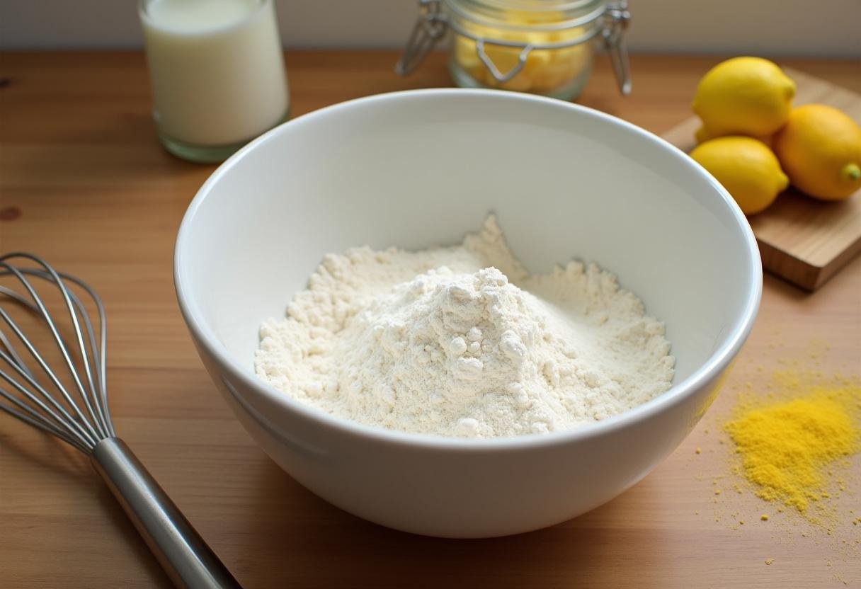Step one of making The Crown Lemon Drizzle Cake: preparing the dry ingredients such as flour, sugar, and baking powder, perfect for a light and fluffy cake.