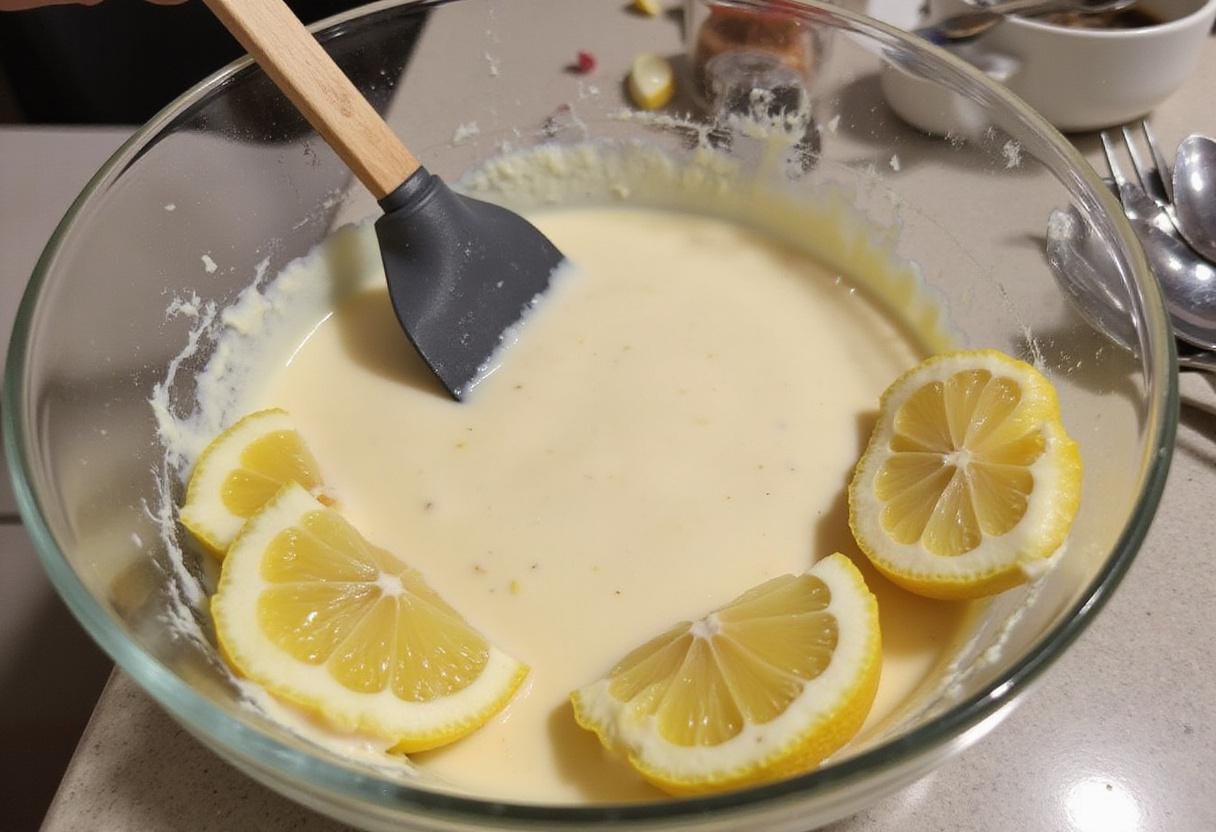 Step three of The Crown Lemon Drizzle Cake: mixing the lemon-infused batter to achieve the perfect consistency for a sweet and tangy treat.