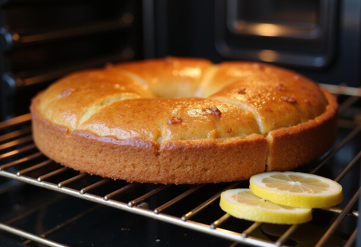 Step four of The Crown Lemon Drizzle Cake: taking the cake from the oven, showcasing the golden brown crust and the enticing lemon syrup glaze.