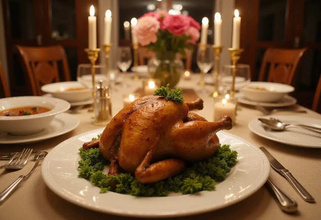 Stunning crown roast chicken served on a dining table, featuring an elegant presentation and a warm atmosphere for a special occasion.