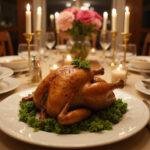 Stunning crown roast chicken served on a dining table, featuring an elegant presentation and a warm atmosphere for a special occasion.