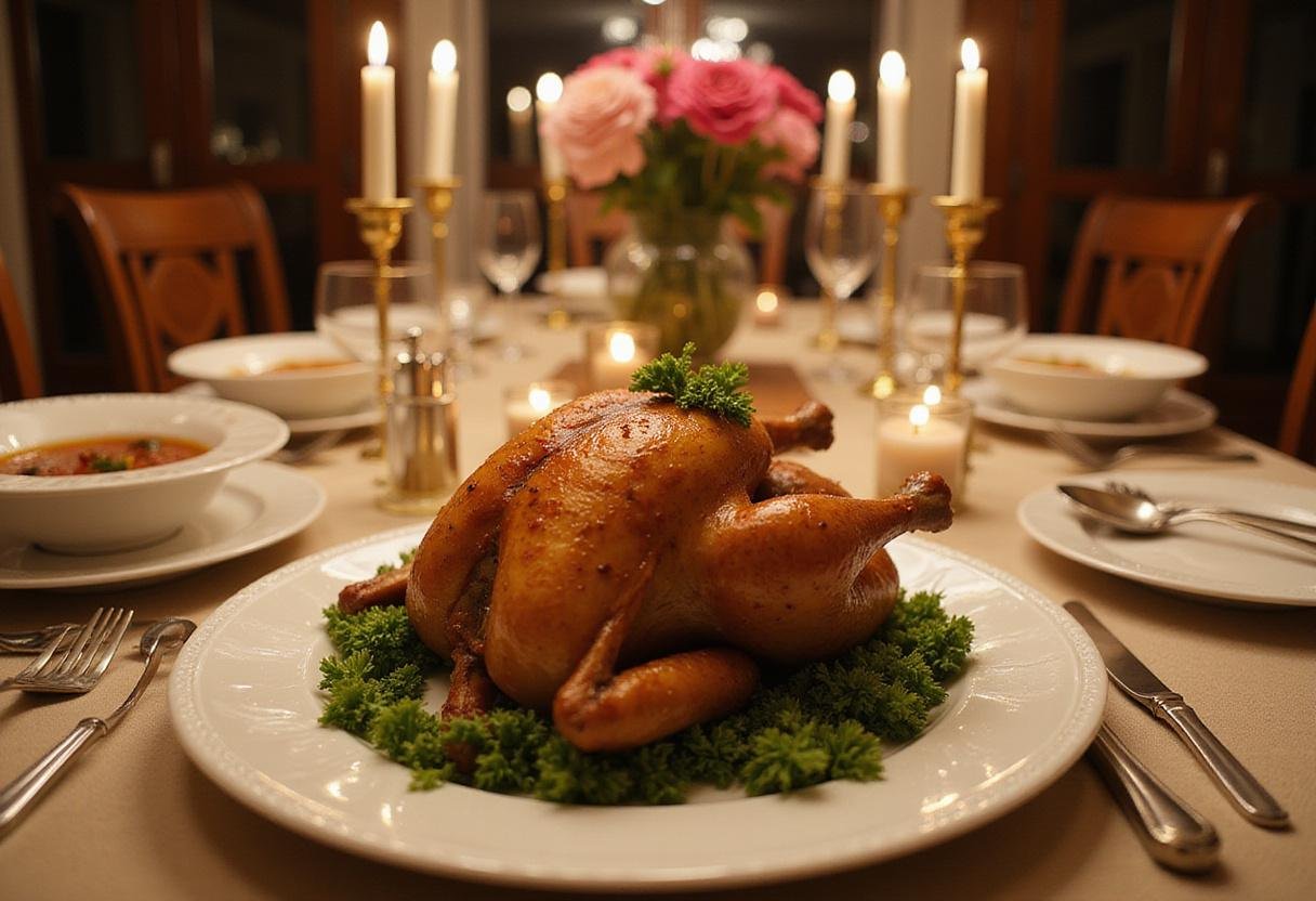 Stunning crown roast chicken served on a dining table, featuring an elegant presentation and a warm atmosphere for a special occasion.