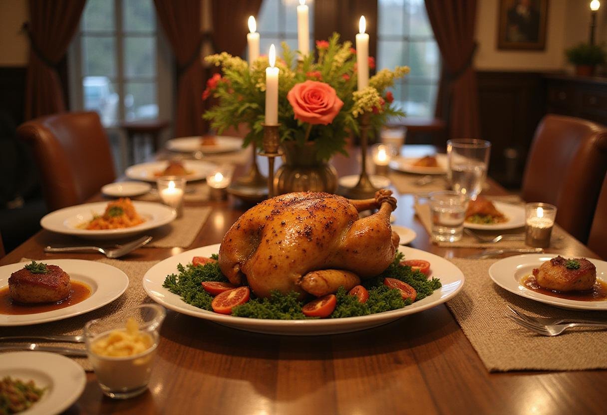 Stunning crown roast chicken served on a dining table, featuring an elegant presentation and a warm atmosphere for a special occasion.