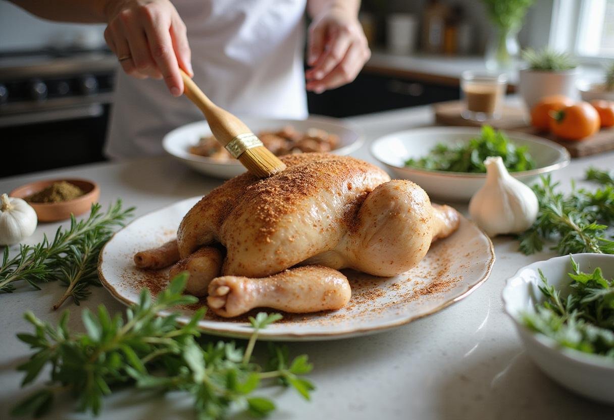 Crown roast chicken preparation with fresh herbs and spices, showcasing marinating techniques for flavorful poultry.